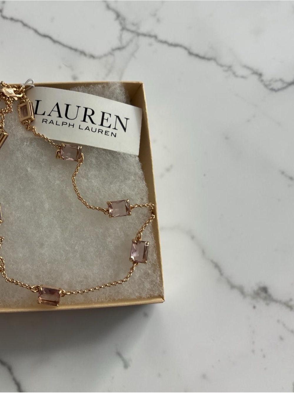 Lauren Ralph Lauren Rose Gold Chain Necklace with Light Pink Crystal Stations - Picture 6 of 7